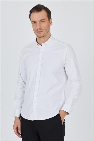 Beyaz Kol Düz Bez Ayağı Düğmeli Yaka Cepsiz Pamuklu Casual Slim Fit Gömlek 1004250212