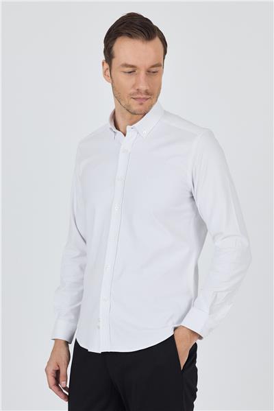 Beyaz Kol Düz Bez Ayağı Düğmeli Yaka Cepsiz Pamuklu Casual Slim Fit Gömlek 1004250212