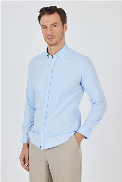 Mavi Kol Düz Bez Ayağı Düğmeli Yaka Cepsiz Pamuklu Casual Slim Fit Gömlek 1004250212