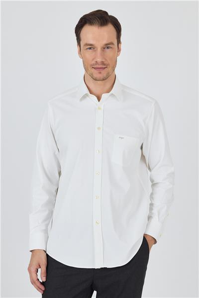 Krem Rengi Kol Düz Bez Ayağı Sert Yaka cepli Pamuklu Classic Comfort Fit Gömlek 1004250210