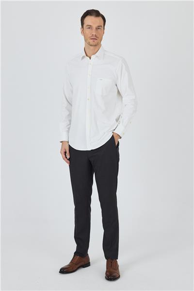 Krem Rengi Kol Düz Bez Ayağı Sert Yaka cepli Pamuklu Classic Comfort Fit Gömlek 1004250210