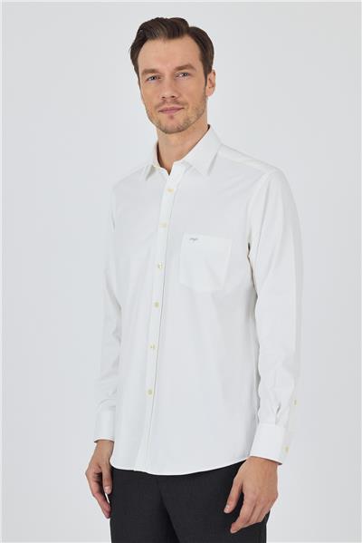 Krem Rengi Kol Düz Bez Ayağı Sert Yaka cepli Pamuklu Classic Comfort Fit Gömlek 1004250210
