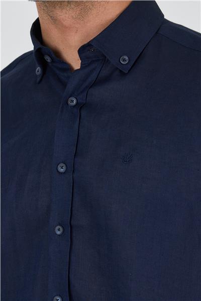 Uzun Kol Düz Keten Düğmeli Yaka Cepsiz Casual Comfort Fit Gömlek 1004250114