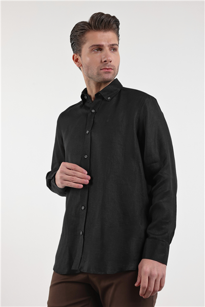 Uzun Kol Düz Keten Düğmeli Yaka Cepsiz Casual Comfort Fit Gömlek 1004250114