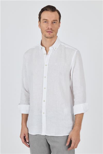 Uzun Kol Düz Keten Düğmeli Yaka Cepsiz Casual Comfort Fit Gömlek 1004250114