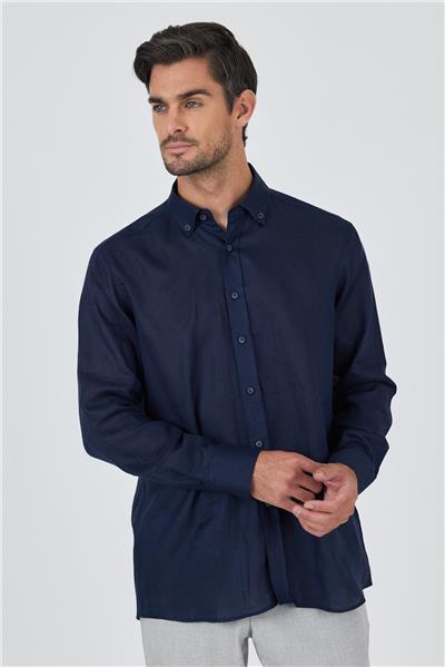 Uzun Kol Düz Keten Düğmeli Yaka Cepsiz Casual Comfort Fit Gömlek 1004250114