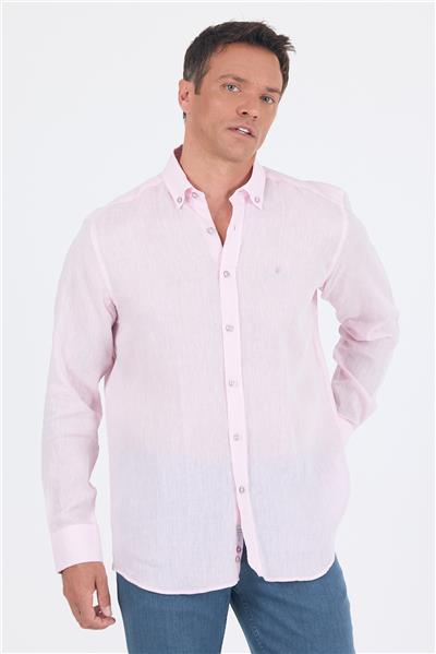 Uzun Kol Düz Keten Düğmeli Yaka Cepsiz Casual Comfort Fit Gömlek 1004250114
