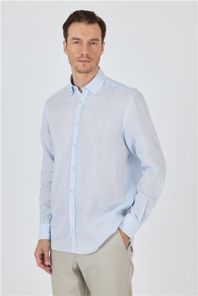 Uzun Kol Düz Keten Düğmeli Yaka Cepsiz Casual Comfort Fit Gömlek 1004250114
