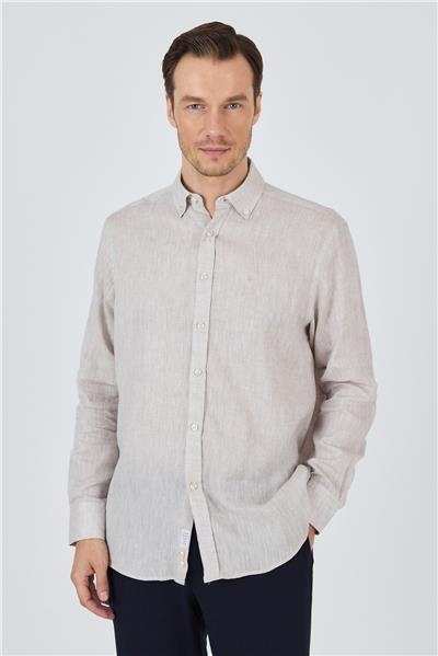 Uzun Kol Düz Keten Düğmeli Yaka Cepsiz Casual Comfort Fit Gömlek 1004250114