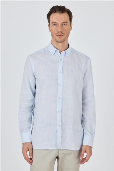 Uzun Kol Düz Keten Düğmeli Yaka Cepsiz Casual Comfort Fit Gömlek 1004250114