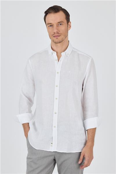 Uzun Kol Düz Keten Düğmeli Yaka Cepsiz Casual Comfort Fit Gömlek 1004250114