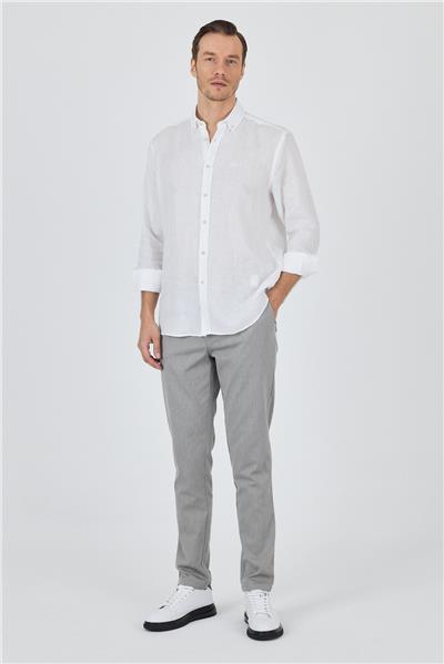 Uzun Kol Düz Keten Düğmeli Yaka Cepsiz Casual Comfort Fit Gömlek 1004250114