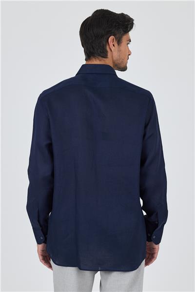 Uzun Kol Düz Keten Düğmeli Yaka Cepsiz Casual Comfort Fit Gömlek 1004250114