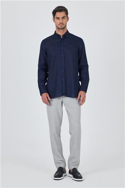 Uzun Kol Düz Keten Düğmeli Yaka Cepsiz Casual Comfort Fit Gömlek 1004250114