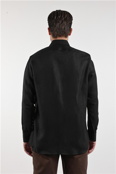 Uzun Kol Düz Keten Düğmeli Yaka Cepsiz Casual Comfort Fit Gömlek 1004250114