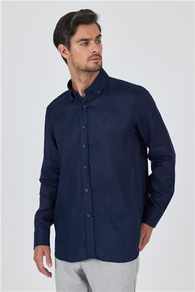 Uzun Kol Düz Keten Düğmeli Yaka Cepsiz Casual Comfort Fit Gömlek 1004250114