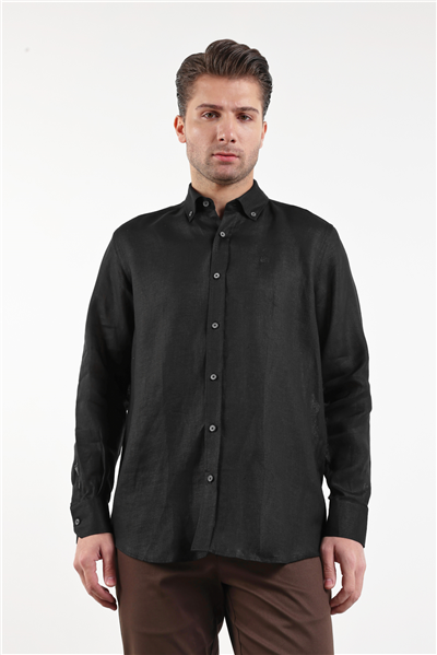 Uzun Kol Düz Keten Düğmeli Yaka Cepsiz Casual Comfort Fit Gömlek 1004250114
