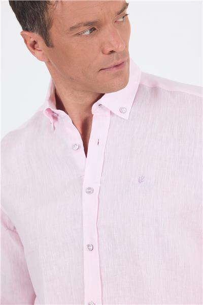 Uzun Kol Düz Keten Düğmeli Yaka Cepsiz Casual Comfort Fit Gömlek 1004250114