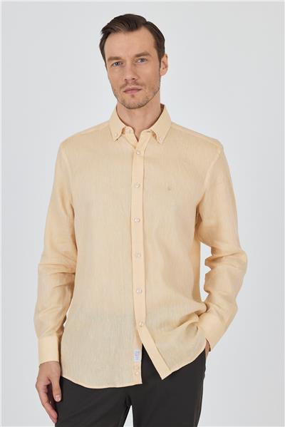 Uzun Kol Düz Keten Düğmeli Yaka Cepsiz Casual Comfort Fit Gömlek 1004250114