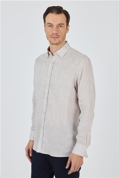 Uzun Kol Düz Keten Düğmeli Yaka Cepsiz Casual Comfort Fit Gömlek 1004250114