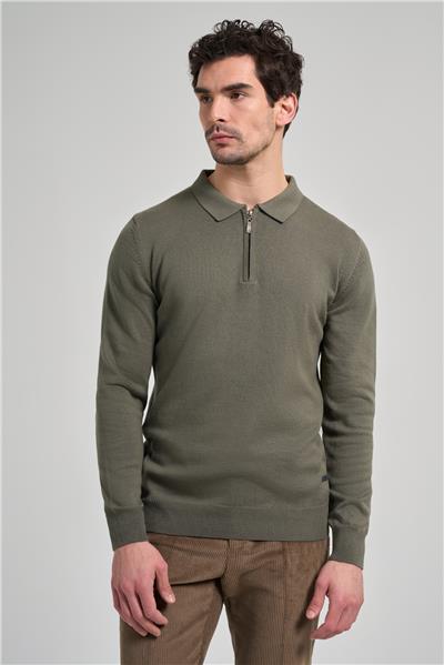 Uzun Kol Düz Örme Polo Yaka Cepsiz Pamuklu Comfort Fit Triko 1012245207