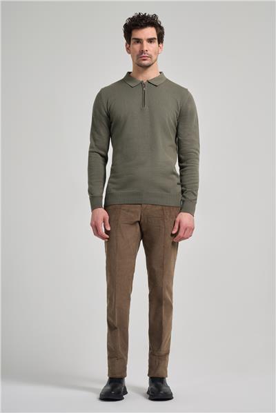 Uzun Kol Düz Örme Polo Yaka Cepsiz Pamuklu Comfort Fit Triko 1012245207