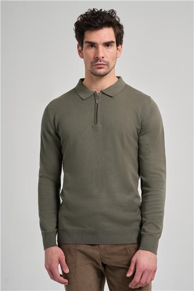 Uzun Kol Düz Örme Polo Yaka Cepsiz Pamuklu Comfort Fit Triko 1012245207