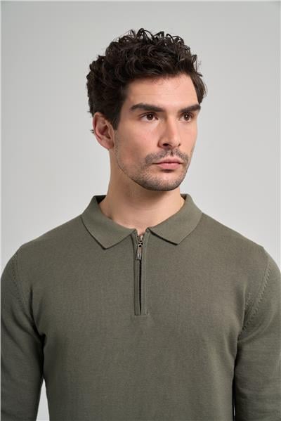 Uzun Kol Düz Örme Polo Yaka Cepsiz Pamuklu Comfort Fit Triko 1012245207