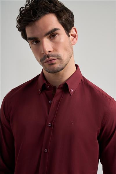 Bordo Kol Düz Oxford Düğmeli Yaka Cepsiz Pamuklu Classic Slim Fit Gömlek 1004250168
