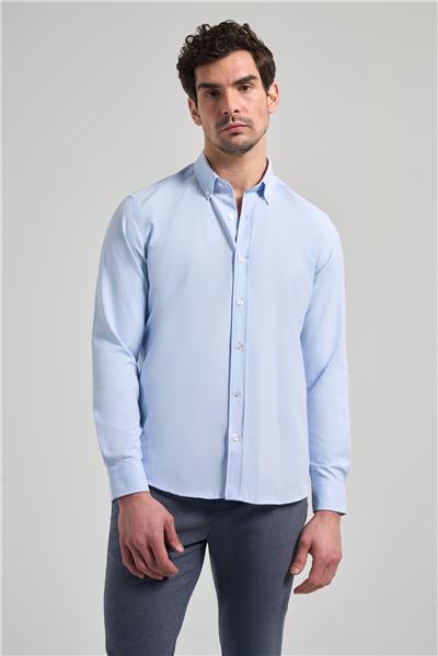 Mavi Kol Düz Oxford Düğmeli Yaka Cepsiz Pamuklu Classic Slim Fit Gömlek 1004250168