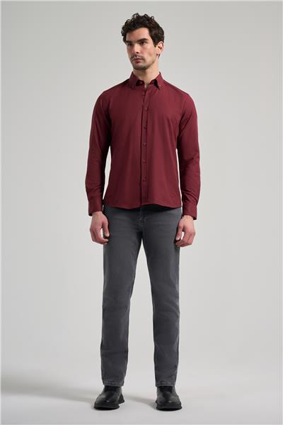 Bordo Kol Düz Oxford Düğmeli Yaka Cepsiz Pamuklu Classic Slim Fit Gömlek 1004250168