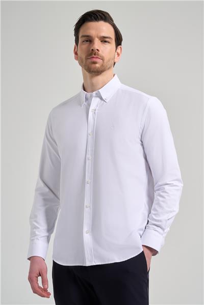 Beyaz Kol Düz Oxford Düğmeli Yaka Cepsiz Pamuklu Classic Slim Fit Gömlek 1004250168