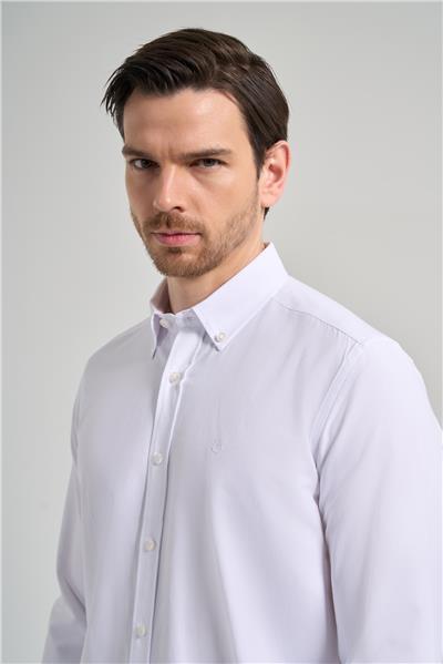 Beyaz Kol Düz Oxford Düğmeli Yaka Cepsiz Pamuklu Classic Slim Fit Gömlek 1004250168