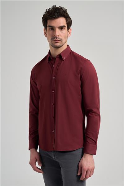 Bordo Kol Düz Oxford Düğmeli Yaka Cepsiz Pamuklu Classic Slim Fit Gömlek 1004250168