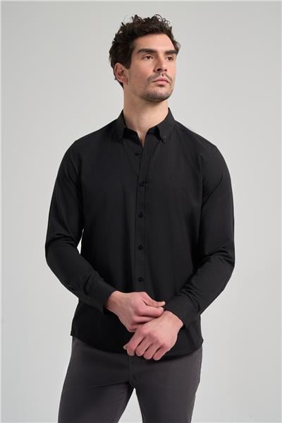 Siyah Kol Düz Oxford Düğmeli Yaka Cepsiz Pamuklu Classic Slim Fit Gömlek 1004250168