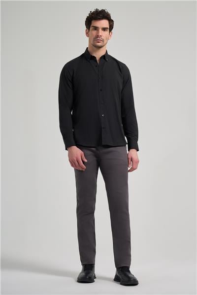 Siyah Kol Düz Oxford Düğmeli Yaka Cepsiz Pamuklu Classic Slim Fit Gömlek 1004250168