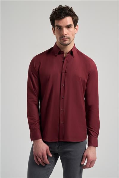 Bordo Kol Düz Oxford Düğmeli Yaka Cepsiz Pamuklu Classic Slim Fit Gömlek 1004250168