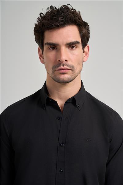 Siyah Kol Düz Oxford Düğmeli Yaka Cepsiz Pamuklu Classic Slim Fit Gömlek 1004250168