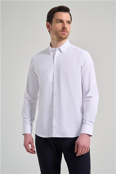 Beyaz Kol Düz Oxford Düğmeli Yaka Cepsiz Pamuklu Classic Slim Fit Gömlek 1004250168