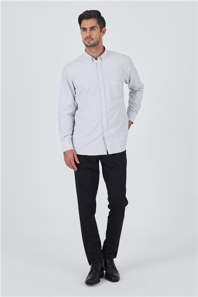 Gri Uzun Kol Kareli Desen Bez Ayağı Düğmeli Yaka cepli Pamuklu Classic Comfort Fit Gömlek 1004250197