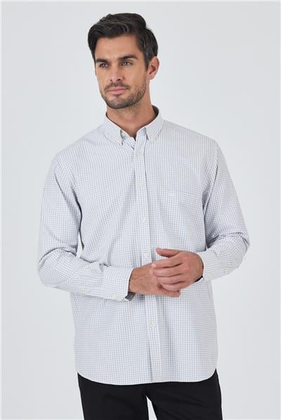 Gri Uzun Kol Kareli Desen Bez Ayağı Düğmeli Yaka cepli Pamuklu Classic Comfort Fit Gömlek 1004250197