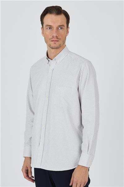 Bej Uzun Kol Kareli Desen Bez Ayağı Düğmeli Yaka cepli Pamuklu Classic Comfort Fit Gömlek 1004250197