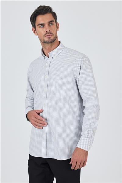 Gri Uzun Kol Kareli Desen Bez Ayağı Düğmeli Yaka cepli Pamuklu Classic Comfort Fit Gömlek 1004250197