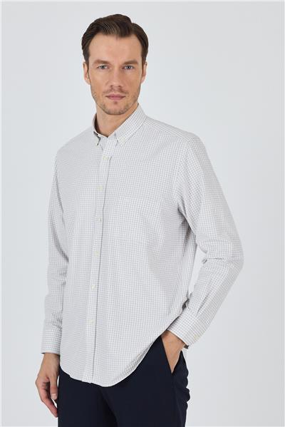 Bej Uzun Kol Kareli Desen Bez Ayağı Düğmeli Yaka cepli Pamuklu Classic Comfort Fit Gömlek 1004250197