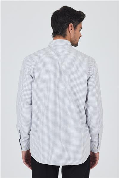 Gri Uzun Kol Kareli Desen Bez Ayağı Düğmeli Yaka cepli Pamuklu Classic Comfort Fit Gömlek 1004250197