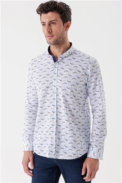 Uzun Kollu Baskılı Bez Ayağı Cepsiz Garnili Klasik Slim Fit Dar Kesim Gömlek 1004230228