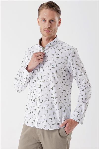 Beyaz Uzun Kollu Baskılı Bez Ayağı Cepsiz Garnili Klasik Slim Fit Dar Kesim Gömlek 1004230230