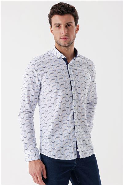 Uzun Kollu Baskılı Bez Ayağı Cepsiz Garnili Klasik Slim Fit Dar Kesim Gömlek 1004230228