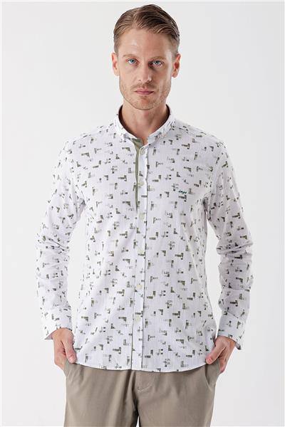 Beyaz Uzun Kollu Baskılı Bez Ayağı Cepsiz Garnili Klasik Slim Fit Dar Kesim Gömlek 1004230230