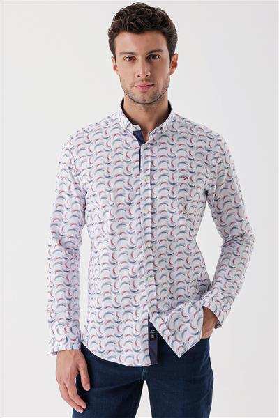 Ekru Uzun Kollu Baskılı Bez Ayağı Cepsiz Garnili Klasik Slim Fit Dar Kesim Gömlek 1004230228